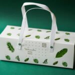 Solutions Elegant packaging box featuring watercolor leaf design on a green background.